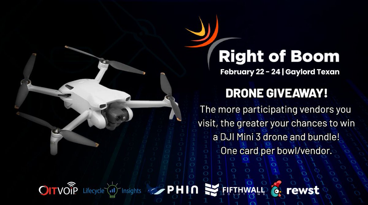 Win a Drone at #RightofBoom! 
Meet all the great folks from <a href="/oitvoip/">OIT, LLC | OITVOIP</a> @LifecycleMsp <a href="/PhinSecurity/">Phin Security</a> <a href="/Rewst_dot_io/">Rewst</a>  @FifthWall_Cyber 

Stop by our booths, and get entered to win the DJI Mini 3 Drone. Just one week away until THE fabulous #MSP conference! ⤵️