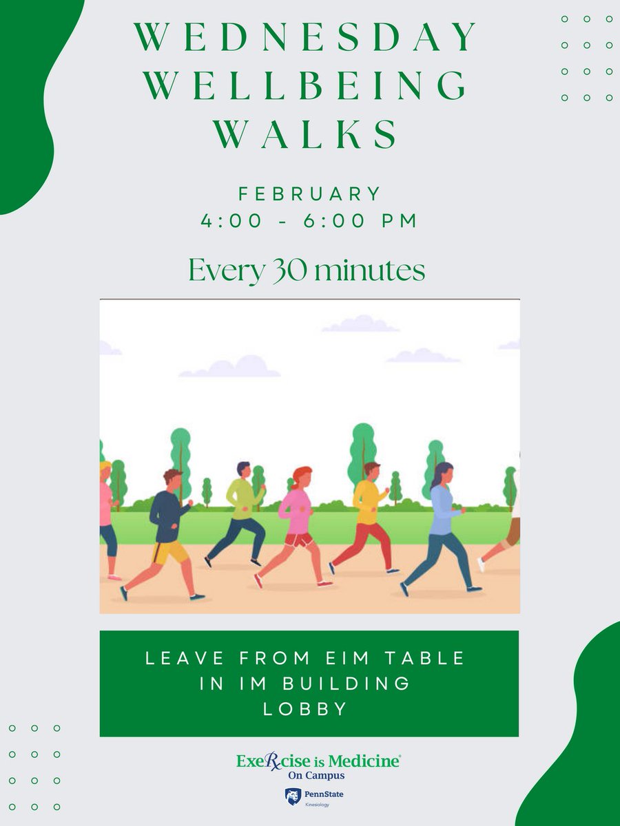 Join us for Wellbeing Wednesday Walks as we explore the PSU Arboretum! Meet at the EIM table in the IM Building Lobby from 4 - 6 pm every Wednesday in February. Groups leave every half hour! Exercise is Medicine! #wellbeingwednesday #eim #psu #walkingwednesday