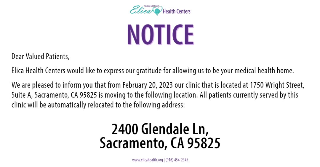 elicahealth's tweet photo. Attention Patients! 📣
Great news for all patients of our Arden Arcade clinic located at 1750 Wright St. Suite A, Sacramento CA 95825. 

We are moving to the building next door located at 2400 Glendale Ln, Sacramento Ca 95825.

Monday to Friday
8 AM to 5 PM https://t.co/jGynRcXMNE