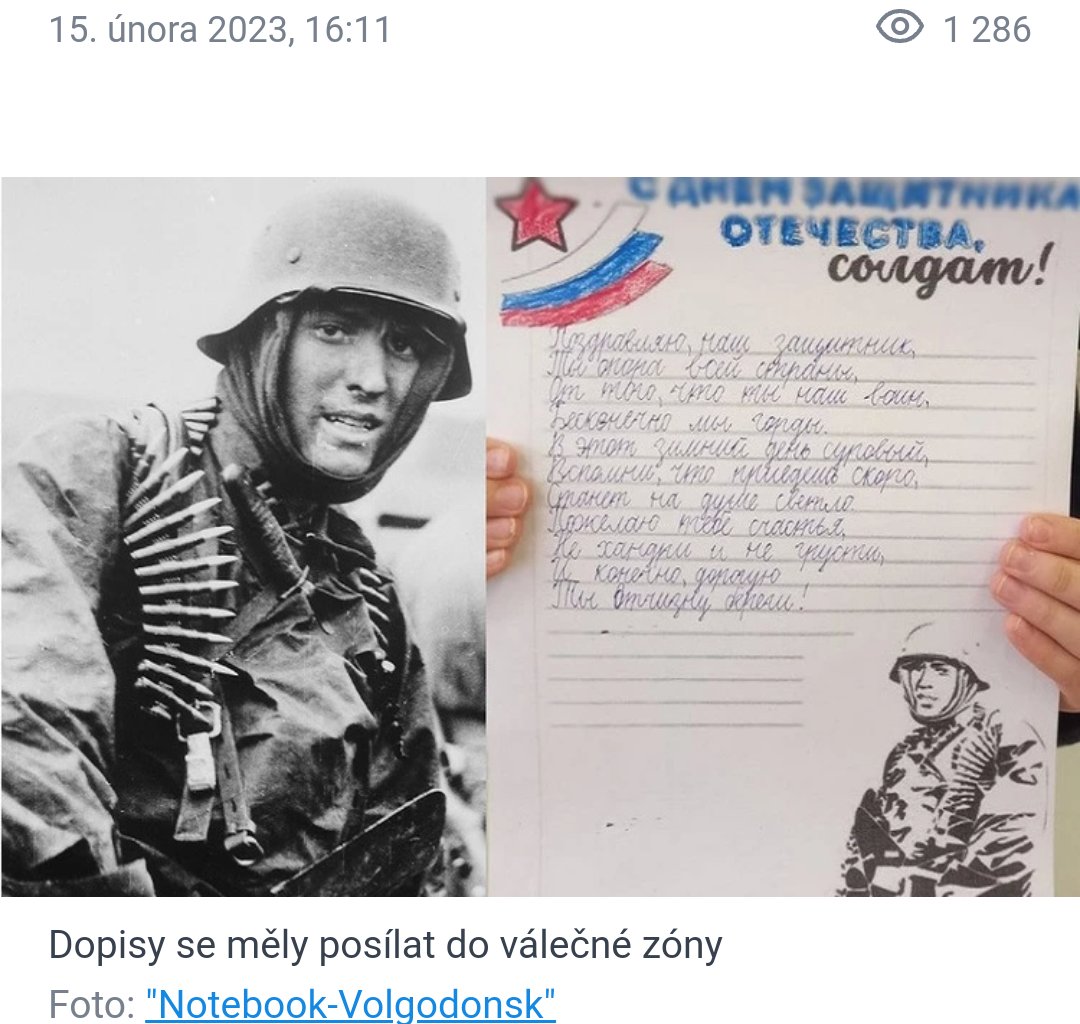 HPrahy's tweet photo. Ve Volgodonsku školáci dostali šablony dopisů pro vojáky v zákopech.
Maličký problém, obrázek hrdiny je voják Wehrmachtu.
😀 https://t.co/sGbh3kQsBQ