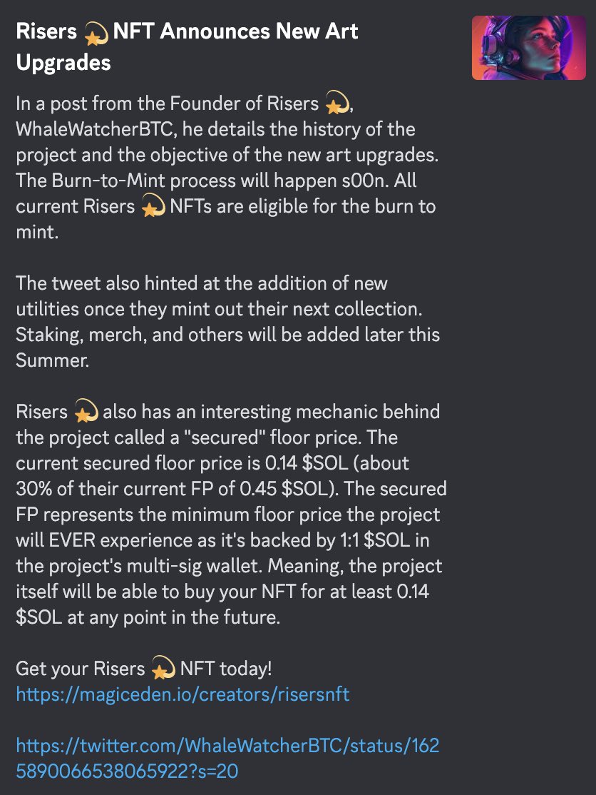 Our good friends over at <a href="/RisersNFT/">Risers 💫</a> are the first to utilize our advertisement service! 

Their ad was displayed in front of all servers that utilize our free monitor service!

Check out their Advertisement 👇