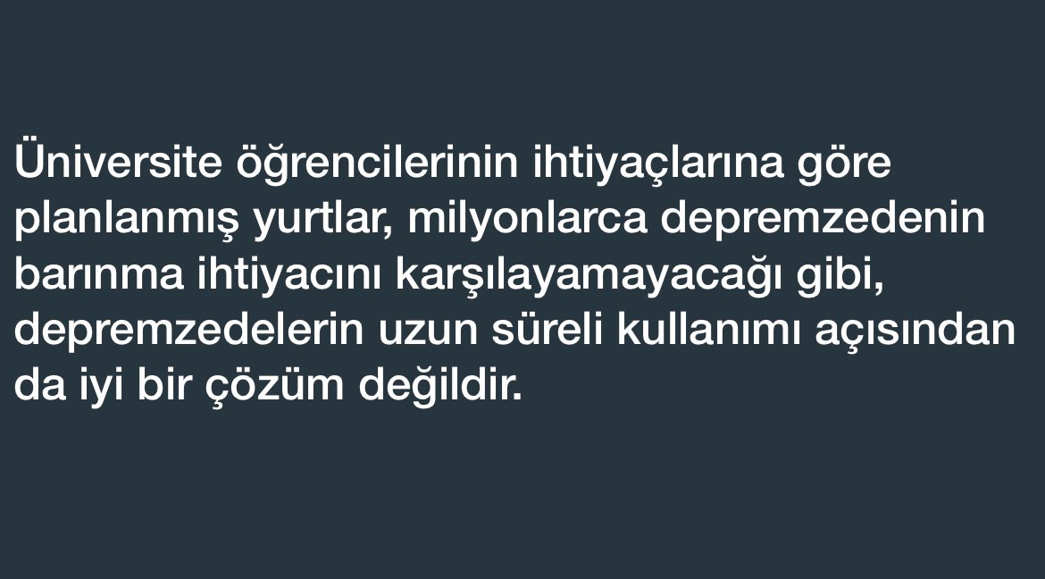 BiraradaDernek's tweet photo. Üniversite öğrencilerinin ihtiyaçlarına göre planlanmış yurtlar, milyonlarca depremzedenin barınma ihtiyacını karşılayamayacağı gibi, depremzedelerin uzun süreli kullanımı açısından da iyi bir çözüm değildir. #EgitimSinifta  
#İyileşmekiçinyüzyüzeeğitim
#EgitimHakkıEngellenemez https://t.co/g3O1hD8bDv
