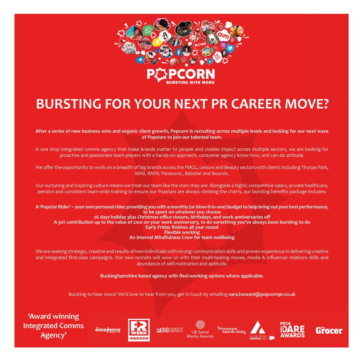 Bursting for your next PR career move? We are on the lookout for our next wave of Popstars to join our talented team. With a bursting benefits package, if you are popping with ambition, creativity, and experience, please get in touch.