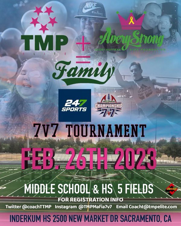 Middle School and High School 7v7 programs in NorCal come compete‼️

Competition for a great cause <a href="/AveryStrongDIPG/">Avery Huffman DIPG Foundation</a> 

Contact <a href="/CoachTTMP/">5 ⭐ Coach T Dubb TMP 🏁 🐐</a> <a href="/TMPMafia7v7/">TMPEliteNational7v7</a> <a href="/TMPMafia/">TMP ELITE</a> for more details ‼️

Yours truly <a href="/BrandonHuffman/">Brandon Huffman</a> will be in attendance