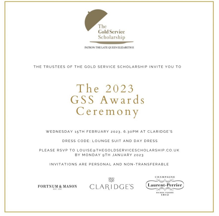 Off to Claridges tonight for the Gold Service Scholarship Awards Ceremony.Good luck to everyone!!