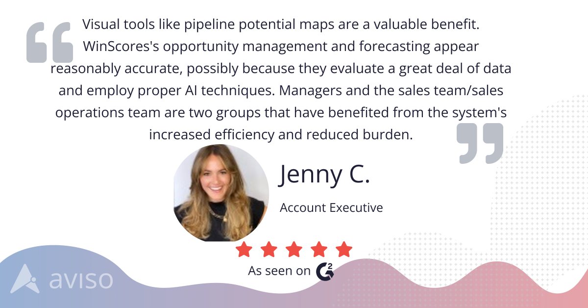 AvisoInc's tweet image. Thank you, @G2dotcom users! Aviso featured on G2’s 2023 Best Software Awards for Top 50 Sales Products.

#salesanalytics #revops