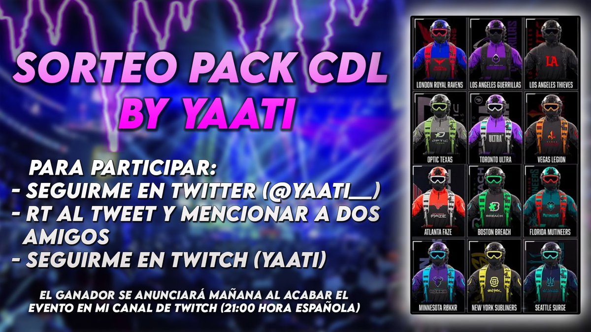 🔫SORTEO PACK CDL!!🔫
🧐Para participar, tan sencillo como:
1⃣ Seguirme en Twitter @Yaati__ 
2⃣ Mencionar a dos amigos y dar RT a este tweet
3⃣ Seguirme en Twitch (twitch.tv/yaati)
🚨El ganador se dirá al acabar el evento de mañana en Twitch (21:00h)🚨
Mucha suerte!💕