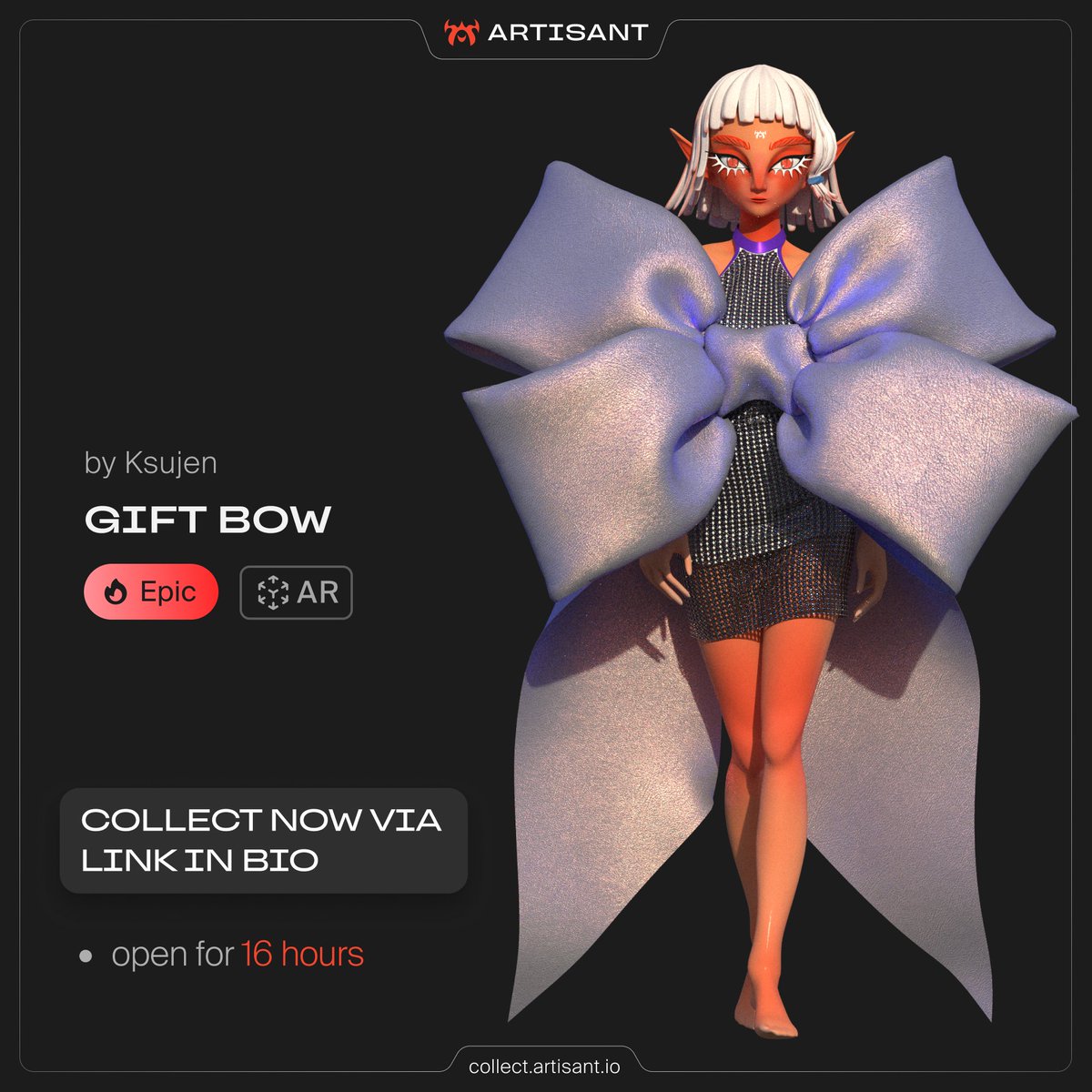 🎀 GIFT BOW by <a href="/Ksujen3D/">Ksujen</a> 

The bow is the most romantic accessory, a cute special thing in the fashion world. A large original bow is the easiest way to change your look, add zest to your digital fashion outfit.

Available in AR.

Epic rarity.

collect.artisant.io/products/108-g…