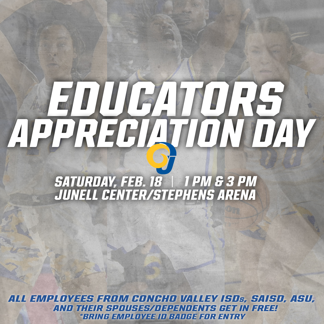 🚨 Calling All Concho Valley Educators 🚨

This Saturday is Educators Appreciation Day! Come out to the Junell Center/Stephens Arena for FREE ADMISSION to the Rams and Rambelles basketball games! First tip at 1 p.m., see you there! #RamEm #ConchoValley