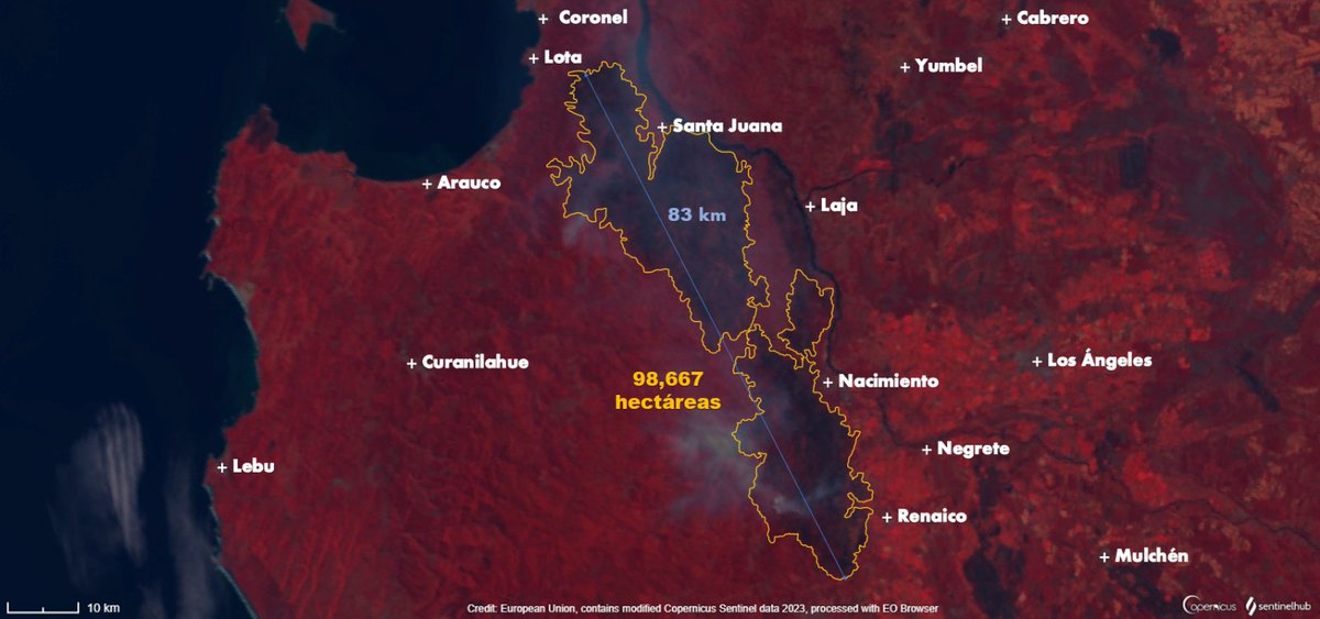 RedGeoChile's tweet photo. El IF "Santa Ana"🔥 es considerado actualmente el 2° incendio forestal más grande registrado en la historia de nuestro país, sumado al incendio "Tambillo" consumen en conjunto una superficie preliminar de 98.667 há.🔥 y una longitud de 83 km. https://t.co/GlZrKfhi7r