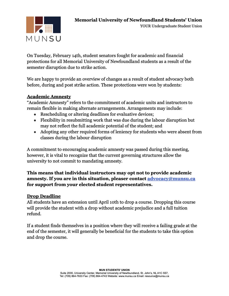 MUNSU35's tweet photo. We are happy to provide an overview of protections as a result of student advocacy both before, during and post strike action. These protections were fought for and won by students.

Full text is provided in the attached images and at https://t.co/tHs7Gm0bWk 1/3 https://t.co/lGzPAbOnsh
