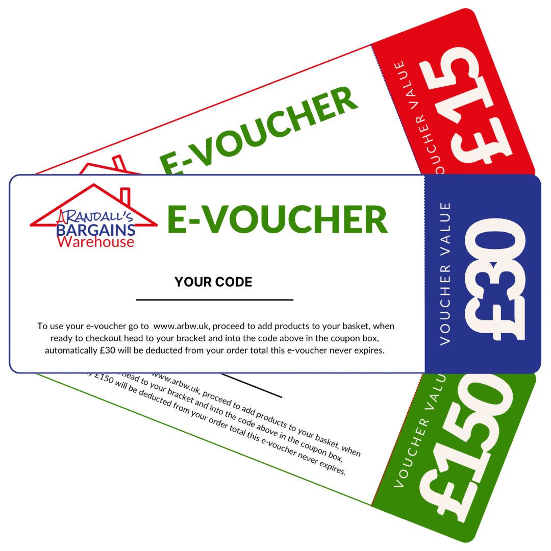 E-Vouchers now available at ARandall’s Bargains Warehouse. 

Available in £5, £10, £15, £20, £25, £30, £50, £100, £150. 

Buy for yourself or as a Gift. 

#E-Vouchers #Vouchers #Voucher #arbw #arbwuk