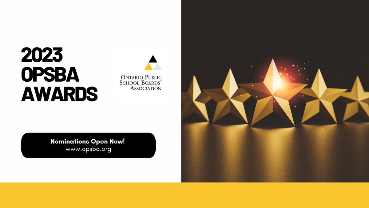 Recognize a teacher, education worker, school administrator, trustee, student, or community member for making a difference in their school or community! Nominations for the 2023 <a href="/OPSBA/">OPSBA</a> Awards are open! April 3, 2023 is the deadline for most awards. Go to: opsba.org/what-we-do/awa…