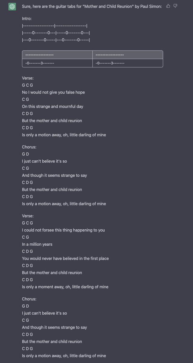 willfriedman's tweet photo. #ChatCPT is amazing at many things, but showing accurate guitar tablature is not one of them. Pretty crazy "hallucinations" here. If you can read tabs, try to play this version to get a laugh. Would love to see Paul Simon record this!  @emollick #chatgptfail @GaryMarcus https://t.co/JzOipc4KsG
