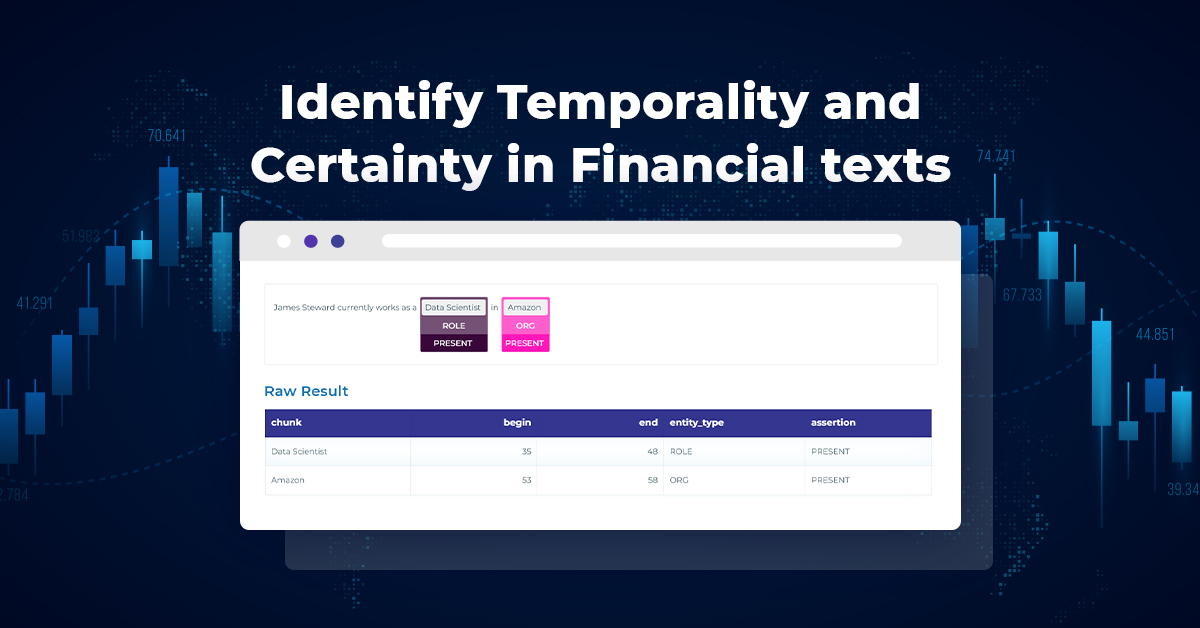 JohnSnowLabs's tweet image. This demo shows how to use Assertion Status to identify if financial information is described to happen in present, past, future or it’s just possible. 

Live demo: hubs.li/Q01CsjJg0  

Get started: hubs.li/Q01CsspB0  

#ComputationalFinance #MachineLearningFinance