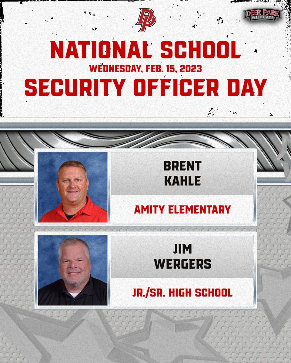 DeerParkSchools's tweet image. Today is National School Security Officer Day! We want to send a big shoutout to our Deer Park School Security Officers Jim Wergers and Brent Kahle. Officers Jim and Brent help to keep our schools safe each and every day! Thanks for all you do!

@DeerParkAmity | @DeerParkHS