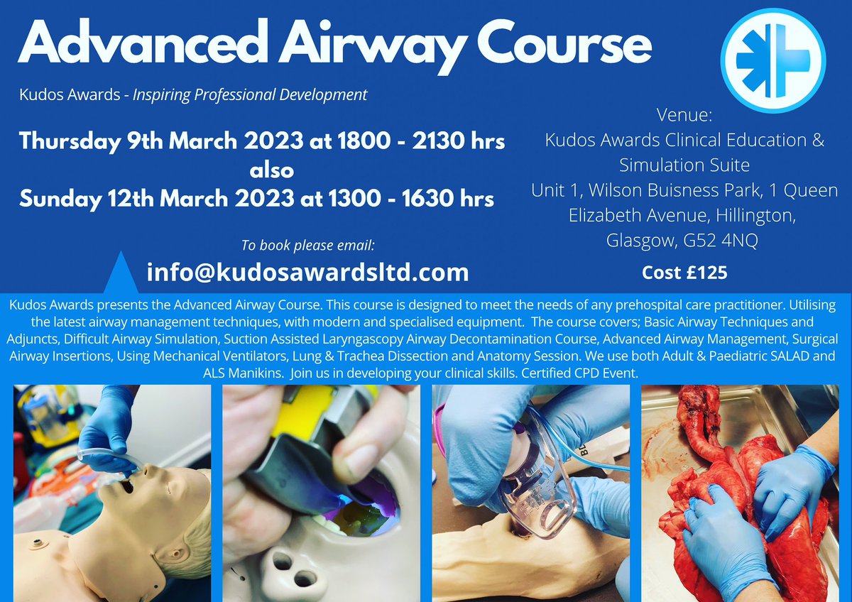Back by popular demand. Kudos Awards are proud to present our Advanced Airway Course A significant discount from £175 to just £125 to help those that wish to attend Our last course was filled within 24 hours so early booking is advised
To book please email info@kudosawardsltd.com
