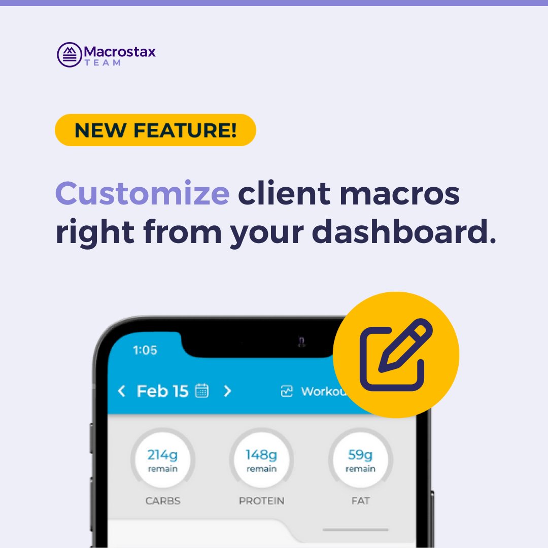 We’re on a roll! 🔥 Our newest feature for Macrostax Team nutrition software is CUSTOMIZED MACROS! Set custom carb/protein/fat macros for your clients so you can meet medical needs and be a better nutrition coach! Check it out now with a 30 day FREE trial! macrost.ax/3FFRbXQ