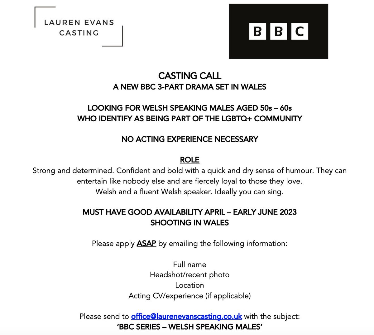 CASTING CALL 👇👇👇
Looking for Welsh speaking males who identify as being part of the LGBTQ+ community, aged 50s - 60s
BBC PROJECT
Please share far and wide - thank you! 🏴󠁧󠁢󠁷󠁬󠁳󠁿