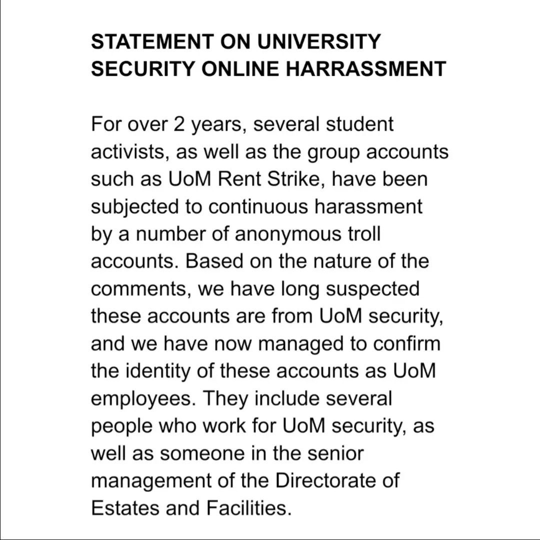 rentstrikeUoM's tweet photo. 🚨 STATEMENT ON UNIVERSITY SECURITY ONLINE HARRASSMENT 🚨

For over 2 years, several student activists, as well as the group accounts such as UoM Rent Strike, have been subjected to continuous harassment by a number of anonymous troll accounts. [1/5] https://t.co/IoqOkHH39g