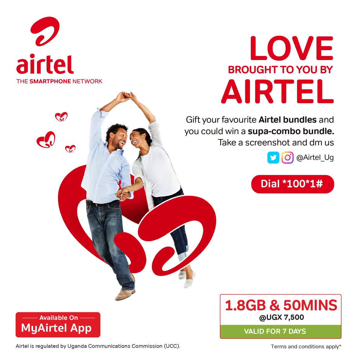 ArticulateUG's tweet photo. We are running a Valentine's campaign, prompting people to gift and share different Airtel bundles  and then stand a chance to win a Supa combo bundle. To win, take screenshot after gifting and DM @Airtel_Ug
@News247Ug #SmartLove https://t.co/h2hdUSSCh5