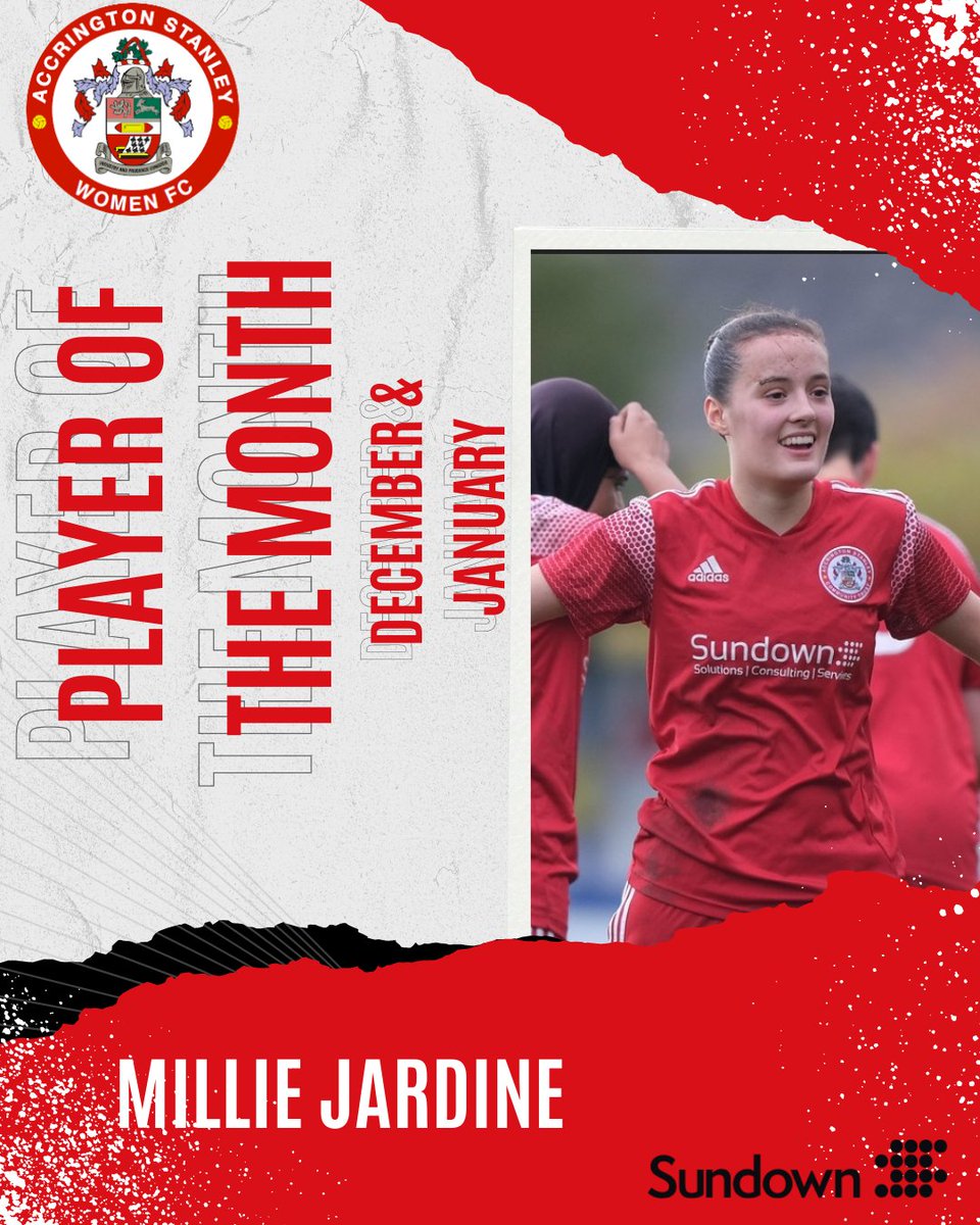 ASWFCofficial's tweet photo. Due to the lack of games, we are pleased to announce a combined December/January POTM award for midfielder Millie Jardine! Millie has been consistently good in midfield and chipped in with goals and assists @AmazingAccy @SundownSolLtd @ASFCofficial @HerGameTooASWFC @officalassc1 https://t.co/ASL7DX2kEI