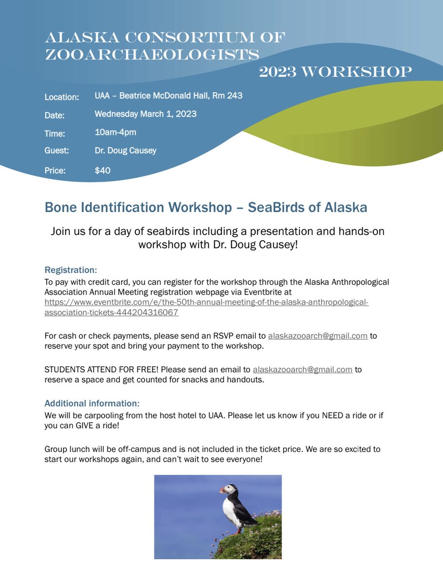 This year's ACZ Workshop is for the birds - SEABIRDS, that is!
Come join us to learn about seabird osteology! Free for students 😊
#AkAA2023 #ACZ #zooarch