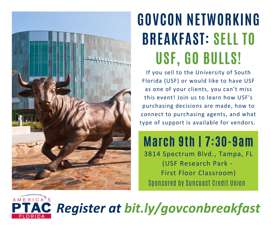 usfsbdc's tweet photo. 📌 Mark your Calendars! Don't miss the #opportunity to join us for our next #GovernmentContracting  Networking Breakfast, where we'll be discussing the ins and outs of selling to the University of South Florida, Go Bulls! 

Please register at https://t.co/eaGHBmkcJ1 https://t.co/b3TtkLtNxv