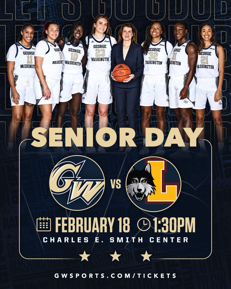 GW_WBB's tweet photo. This Saturday we’re celebrating our Seniors when we face off with Loyola Chicago! 

Come out to the Smith Center and help us celebrate all they’ve done for our program.

🎟️: https://t.co/iNZWc8ONkT

#RaiseHigh https://t.co/zo75tADFw1