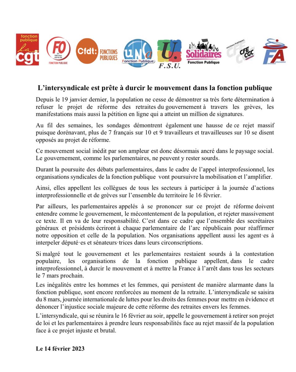 #Communiqué unitaire| L’intersyndicale est prête à durcir le mouvement dans la #fonctionpublique.

💥 Mobilisons-nous le #16février et s'il le faut, mettons la France à l'arrêt le 7 mars prochain 👊

#ReformeDesRetraites #64ansCestNon