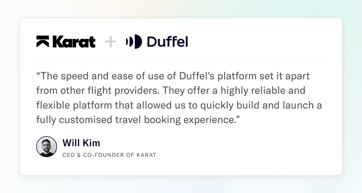 DuffelHQ's tweet image. We're thrilled to announce that @trykarat - a bank for the creator economy - has selected Duffel Links as their go-to solution for selling travel. Find out why they chose Links and how it can benefit your business: bit.ly/3xmSYf1