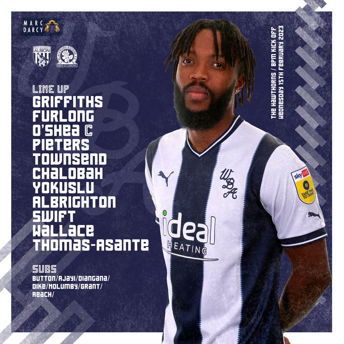 WBA's tweet photo. Here's our side to take on @Rovers at The Hawthorns this evening. 📋

𝗖𝗼𝗺𝗲 𝗼𝗻 𝘆𝗼𝘂 𝗕𝗮𝗴𝗴𝗶𝗲𝘀! 💙🤍