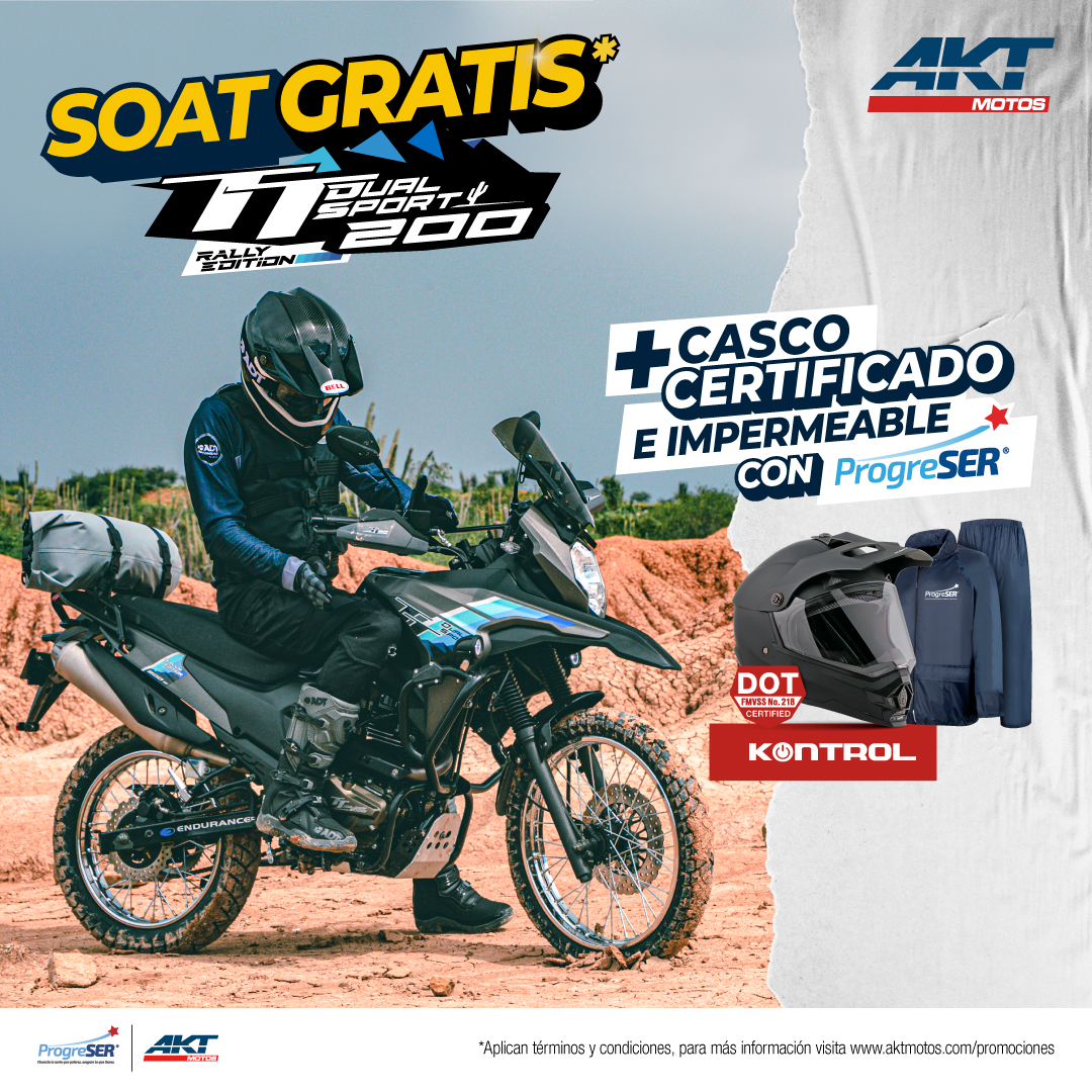gwaro05's tweet photo. ¿Sabias que por el mes de febrero AKT en la TT Dual Sport te regala SOAT y si financias con PROGRESER  lleva un casco certificado Kontrol e impermeable? No te quedes sin el tuyo https://t.co/1pwiFIaYT0 https://t.co/pGcz17CVku