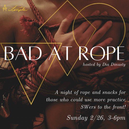 Could your rope skills use a bit more help and practice?
<a href="/The_Villainelle/">The Villainelle</a> and I are hosting another 
🪢 Bad at Rope 🪢 
February 26, 3-6pm 
**SWers to the front!

Email for details: alpha@dominadynasty.com