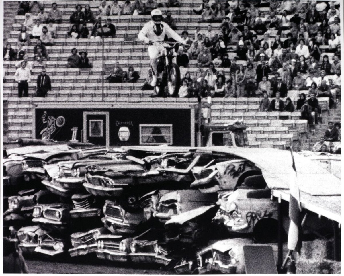 “Crushing It” by Evel Knievel - 50 years ago at the LA Coliseum on his Harley-Davidson XR-750 motorcycle
clearing 50 crushed cars in front of 35,000 people #sendit #harleydavidson #lacoliseum #evelknievel #bikelife #abc #wideworldofsports