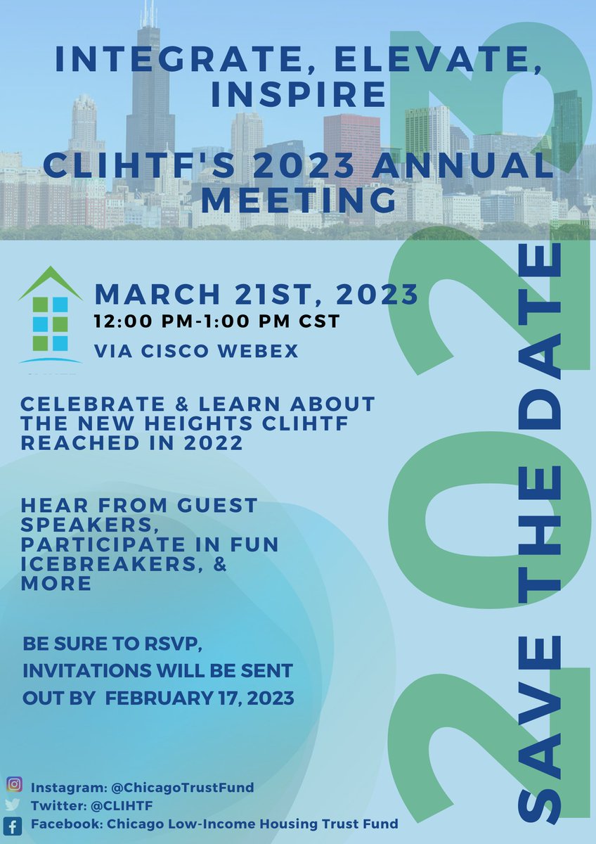 clihtf's tweet photo. Save the date! March 21st, 2023, CLIHTF will be highlighting and celebrating the accomplishments of 2022.
#CLIHTF #annualmeeting #accomplishments #housing #chicago https://t.co/kkzpcLTF3F