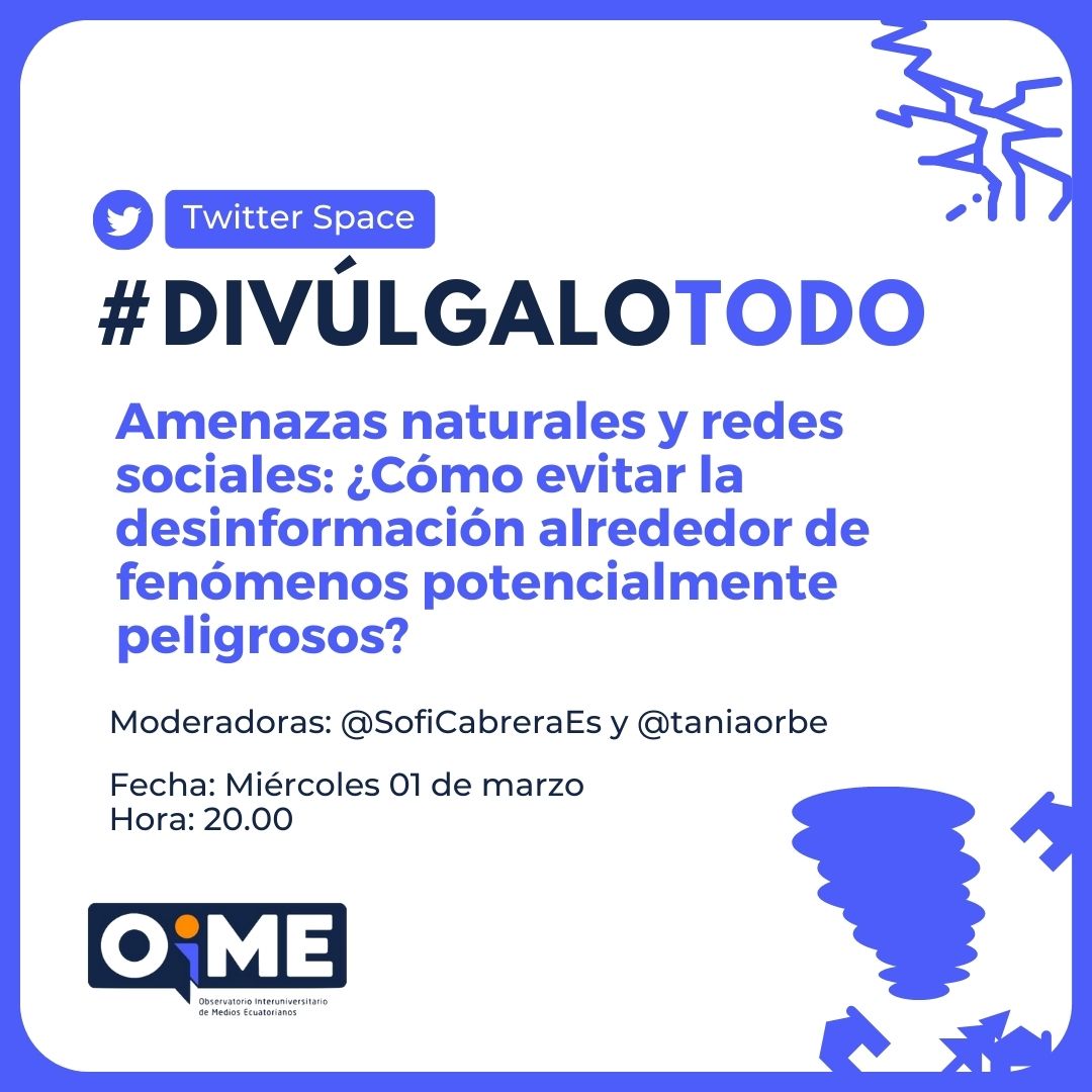 ¡Te presentamos el tema del próximo #DivúlgaloTodo! En los momentos de crisis es importante cuidarse de la información falsa en las #redessociales.

¡Anota el 1 de marzo a las 20h00 para acompañarnos en #Twitter! 

#LuchaContraLaDesinformación #DivulgaciónCientífica