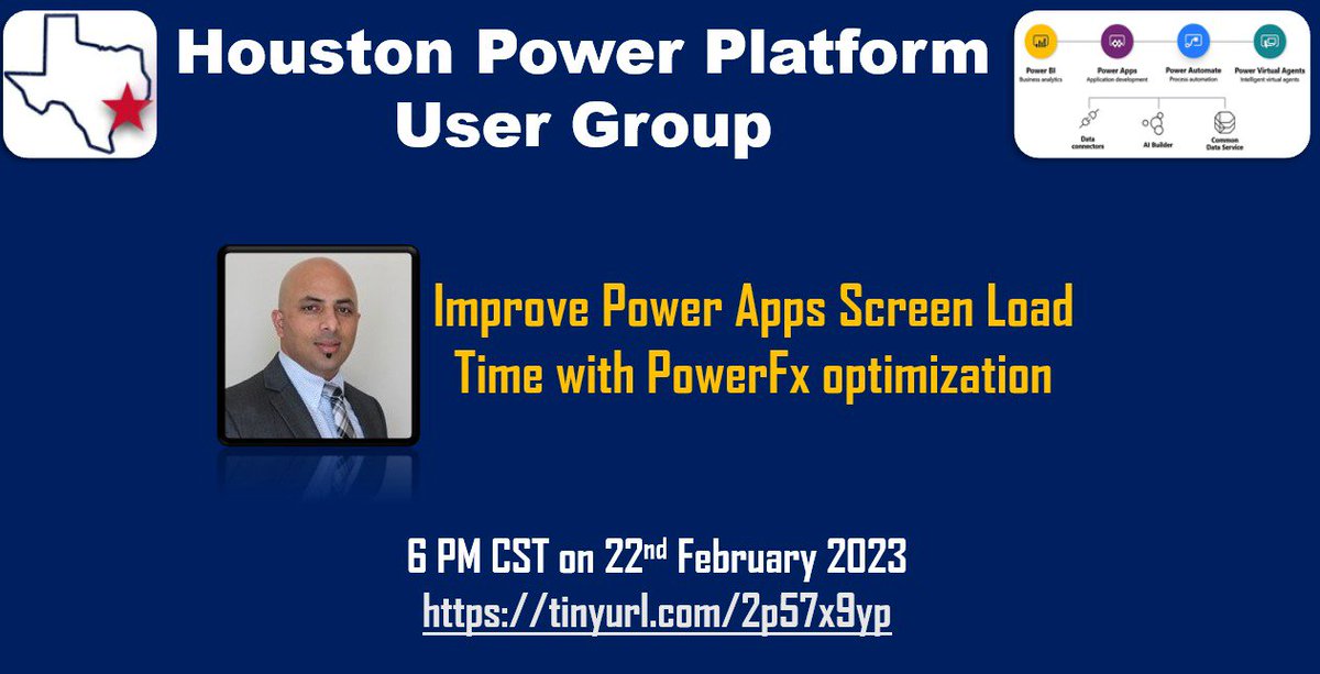 HoustonPowerPlatformUG (@houstonpowerug) on Twitter photo 📣Hello Everyone, Join our upcoming Event Online on Feb 22 from 6:00 pm - 7:00 pm CST
Topic: Improve Power Apps Screen Load Time with PowerFx optimization
Presenter: <a href="/udayadhikari/">Uday Adhikari</a>
Register: bit.ly/HoustonPowerPl…
#PowerPlatform #PowerApps
<a href="/PowerAutomateUG/">Power Automate User Group</a> <a href="/PowerAppsUG/">PowerApps User Group</a> 📣Hello Everyone, Join our upcoming Event Online on Feb 22 from 6:00 pm - 7:00 pm CST
Topic: Improve Power Apps Screen Load Time with PowerFx optimization
Presenter: <a href="/udayadhikari/">Uday Adhikari</a>
Register: bit.ly/HoustonPowerPl…
#PowerPlatform #PowerApps
<a href="/PowerAutomateUG/">Power Automate User Group</a> <a href="/PowerAppsUG/">PowerApps User Group</a>