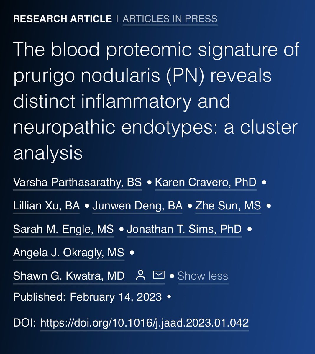Dr. Shawn Kwatra (@drshawnkwatra) on Twitter photo Our study on the circulating plasma proteome of prurigo nodularis (PN) patients just dropped bitly.ws/AhF9 in <a href="/JAADjournals/">JAAD Journals</a>. Led by <a href="/vparthas/">Varsha Parthasarathy, M.D.</a>, we show dz heterogeneity and endotypes in line w/the variable response to tx we see clinically <a href="/HopkinsMedicine/">Johns Hopkins Medicine</a> #dermtwitter Our study on the circulating plasma proteome of prurigo nodularis (PN) patients just dropped bitly.ws/AhF9 in <a href="/JAADjournals/">JAAD Journals</a>. Led by <a href="/vparthas/">Varsha Parthasarathy, M.D.</a>, we show dz heterogeneity and endotypes in line w/the variable response to tx we see clinically <a href="/HopkinsMedicine/">Johns Hopkins Medicine</a> #dermtwitter