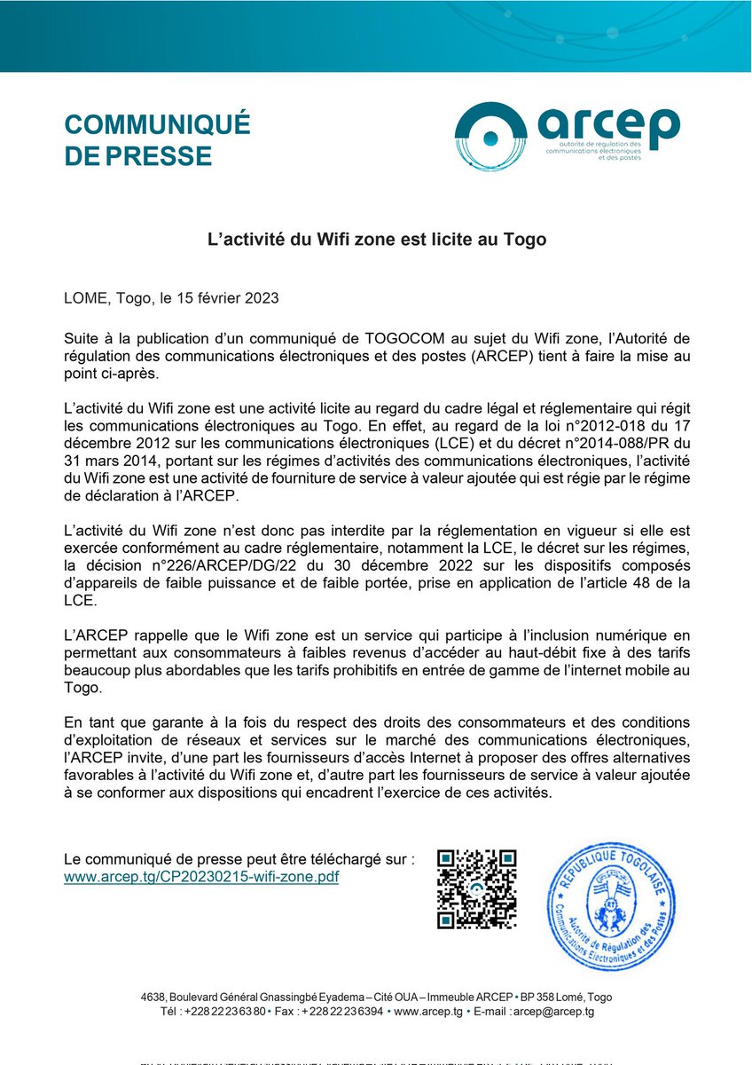 L'ACTIVITÉ DU WIFI ZONE EST LICITE AU TOGO Lire l'article relatif à ce communiqué de presse via le lien suivant : arcep.tg/l-activite-du-… #ArcepTogo #telecoms #wifizone @togocom_tg @moovafricatg #GVA #Togo @cafeinfos @TEOLIS_Officiel