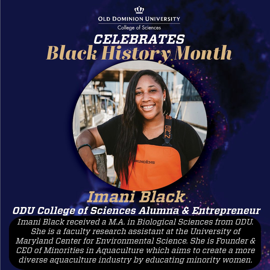 ODUSCI's tweet photo. We are proud of @ImaniBlackMIA accomplishments this #BlackHistoryMonth! As founder of Minorities in Aquaculture @mia_npo she has always been drawn to water &amp; uses her expertise to get more minorities interested in #STEM fields and more. #reignon #BlackinScience https://t.co/Ngl2pXn9RP