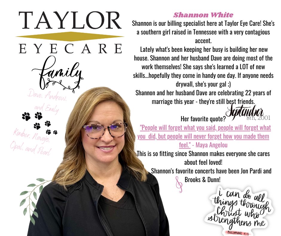 Happy Wednesday! Next up, we have the one and only Shannon White... What might Shannon be up to when she's not workin' hard at TEC??
#tayloreyecare #GetToKnowUs