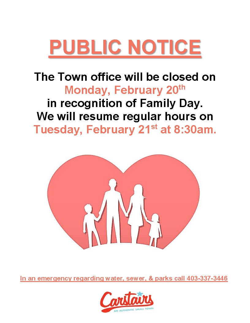 Happy Family Day!
Town of Carstairs holiday hours.