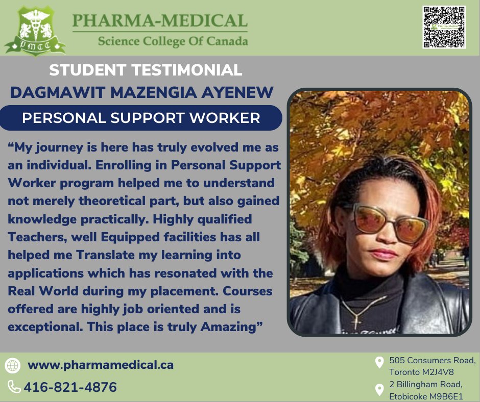 pharma_medical's tweet photo. Dagmawit's experience at @pharma_medical has helped her evolved herself as an individual..
.
#personalsupportworker #psw #pswtoronto #pswcareer #healthcareworkers #healthcarecourse #pmcc #canadacourses #torontopsw #toronto #torontocommunity #torontoschool https://t.co/bUz89nFgpM