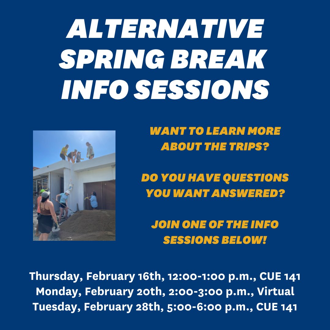 Interested in participating in an Alternative Spring Break trip but have questions or want to learn more? Join an info session! 

Thurs., Feb. 16th, 12-1 p.m., CUE 141
Mon., Feb. 20th, 2-3 p.m., VIRTUAL (tinyurl.com/2p8ncju8) 
Tues., Feb. 28th, 5-6 p.m., CUE 141

#KentStateASB