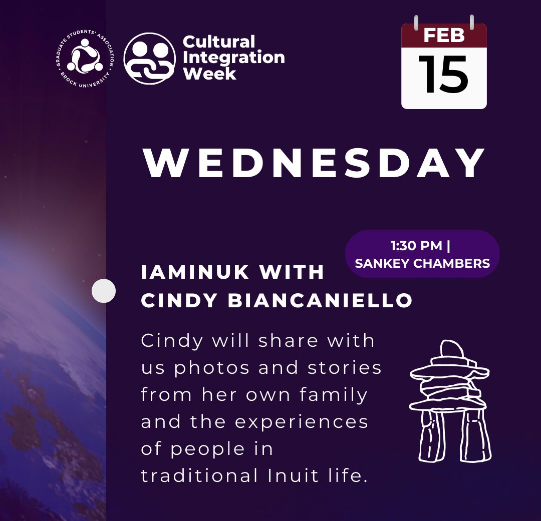 Join us at 1:30pm today in Sankey Chambers for a presentation and conversation with Cindy Biancaniello!

Iaminuk highlights traditional Inuit life dating back as far as 1897. Cindy will share parts of her story with us.

➡️ experiencebu.brocku.ca/event/230101