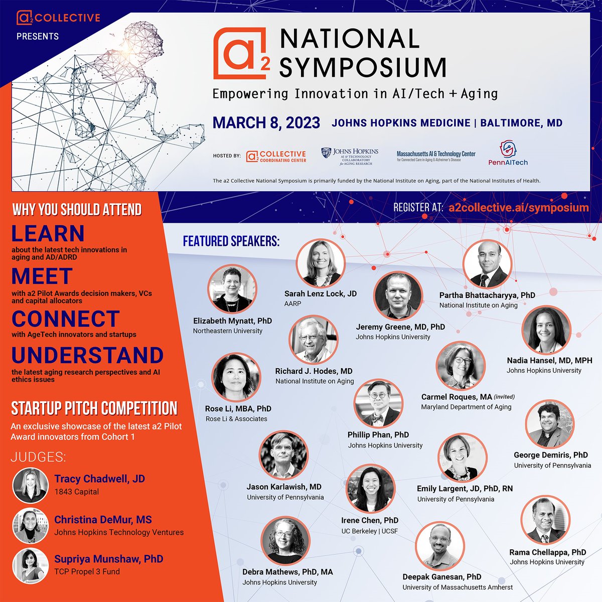 a2_collective's tweet photo. Three weeks from today: Join the a2 Collective's @JH_AITC, @MassAITC, and @pennaitech on the @HopkinsMedicine campus for the #a2NationalSymposium—a meeting of experts, innovators, and varied stakeholders working at the intersection of AI/tech and aging. https://t.co/qgku7mkEU7 https://t.co/YS8oC0wUiu