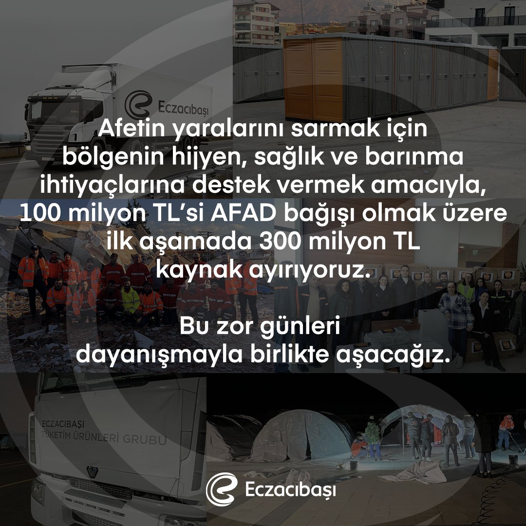 Tüm Türkiye’yi derinden etkileyen afetin yaralarını sarmak için 100 milyon TL’si AFAD bağışı olmak üzere, ilk aşamada ayırdığımız 300 milyon TL kaynak ile bölgenin hijyen, sağlık ve barınma alanındaki ihtiyaçlarına destek veriyoruz.