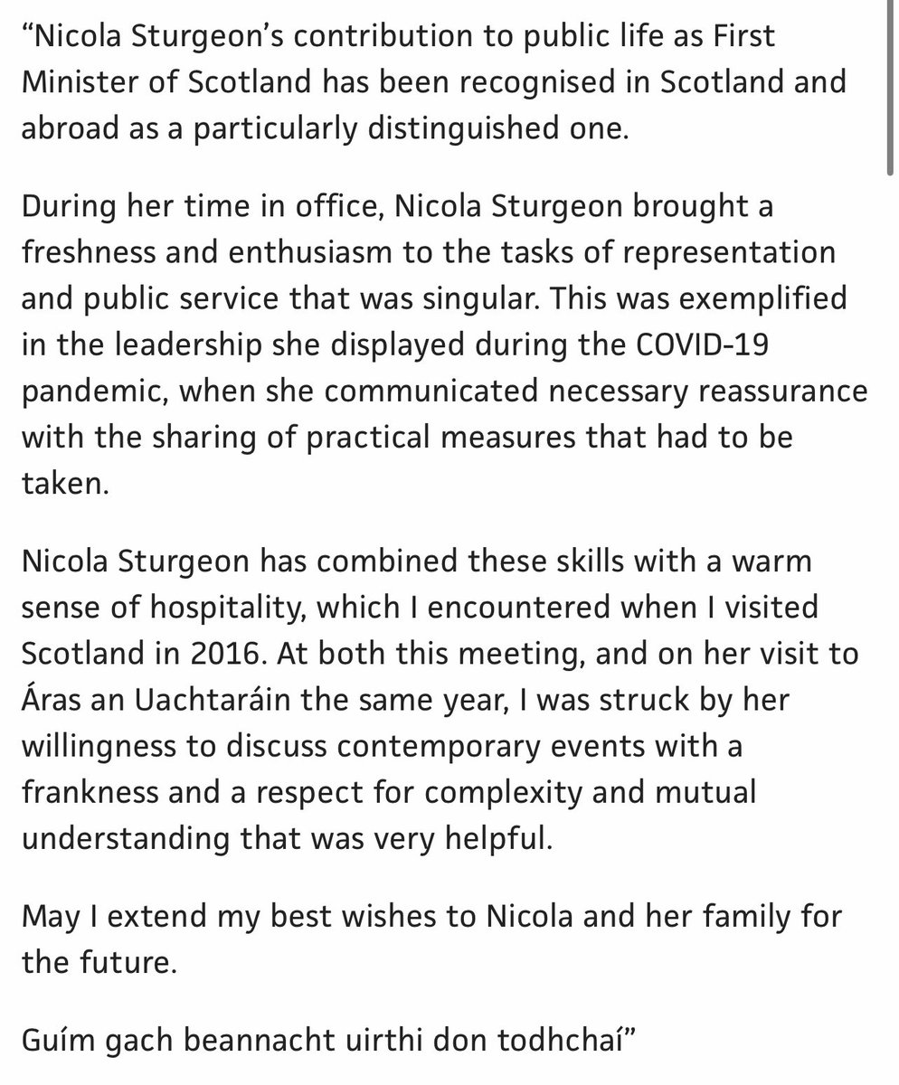 marcuscarslaw1's tweet photo. A statement from the Irish President on the resignation of Nicola Sturgeon. https://t.co/8eMCkaXrPP