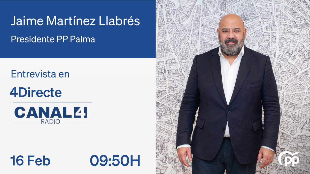 popularespalma's tweet photo. 🔵No os perdáis la entrevista de @MiguelAAriza a nuestro presidente y candidato, @JaimeMartinez.

🗓 16 de febrero

🕗 09.50 horas

🎙 @Canal4Radio

#EstrategiaPalma2035 https://t.co/pvoiE3wyA3